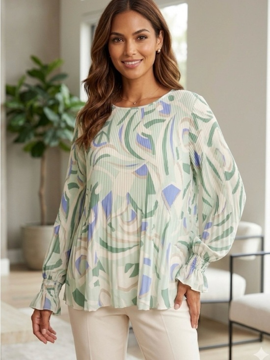 Nine West Tops - Nine West Pleated Abstract Print Blouse - Cream, Green & Blue size 2X